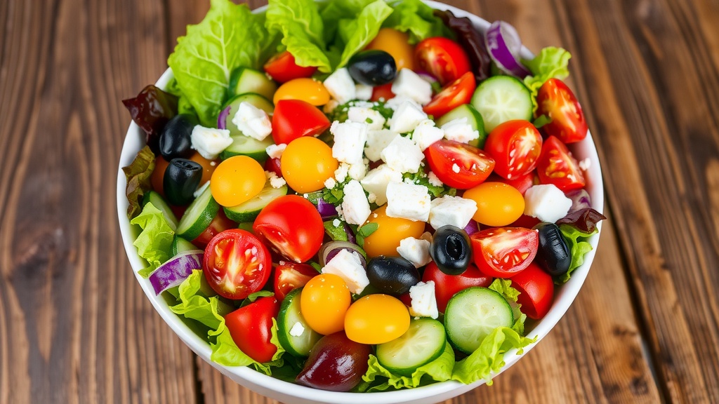 Fresh and Colorful Garden Salad Recipe A fresh garden salad with lettuce, tomatoes, cucumbers, and bell peppers, dressed with vinaigrette, served in a bowl.